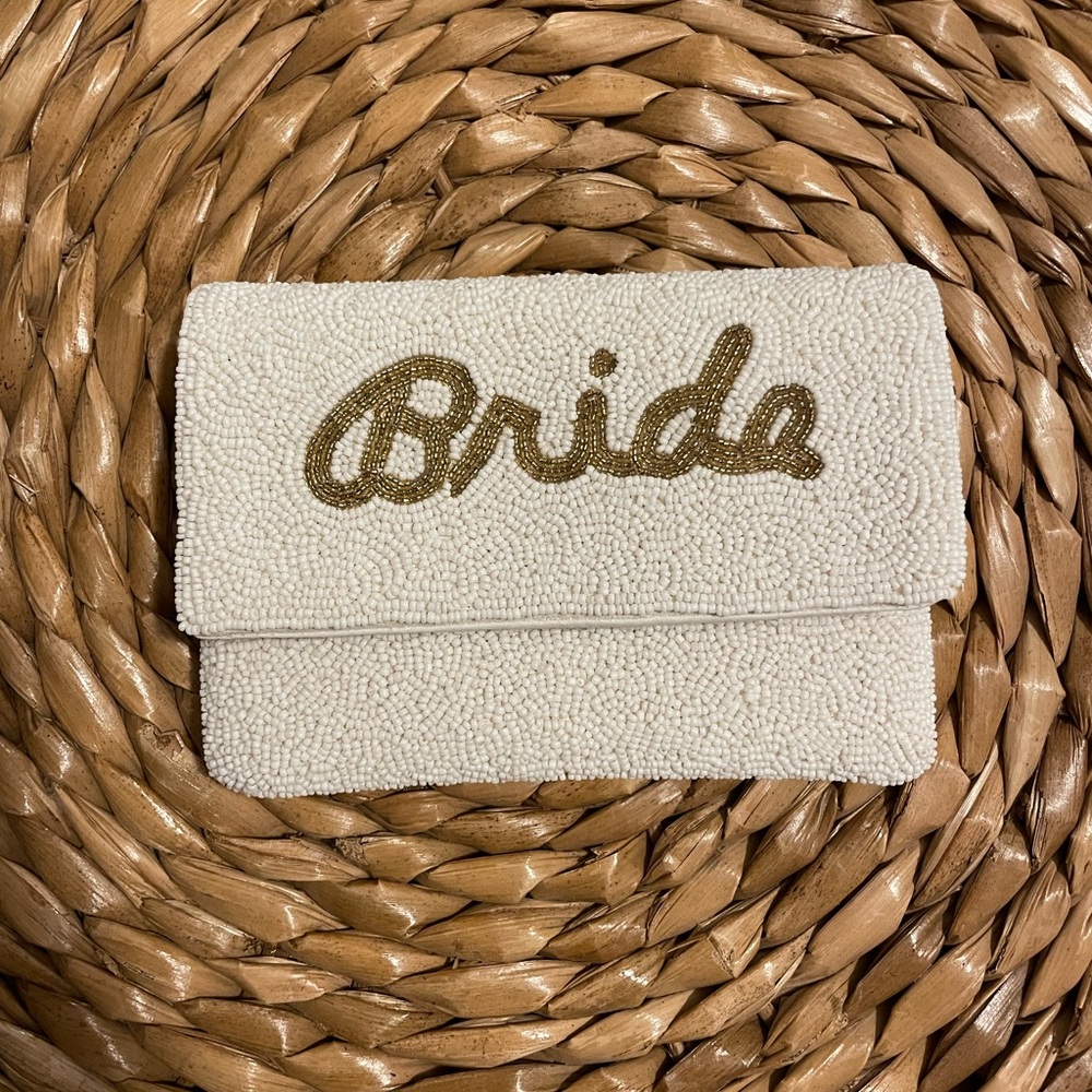 Beaded ‘Bride’ clutch with crossbody chain